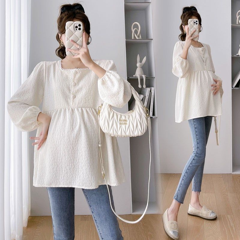 孕妇套装2024新款春秋时尚宽松显瘦杏色娃娃衫上衣牛仔裤两件套女,淘宝优惠券,粉丝福利购,淘宝优惠卷