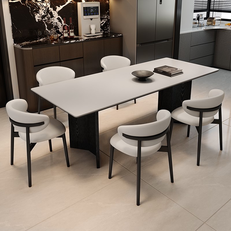 实木岩板餐桌g全托底板小户型家用长方形现代简约白色桌子椅子组 - 图1