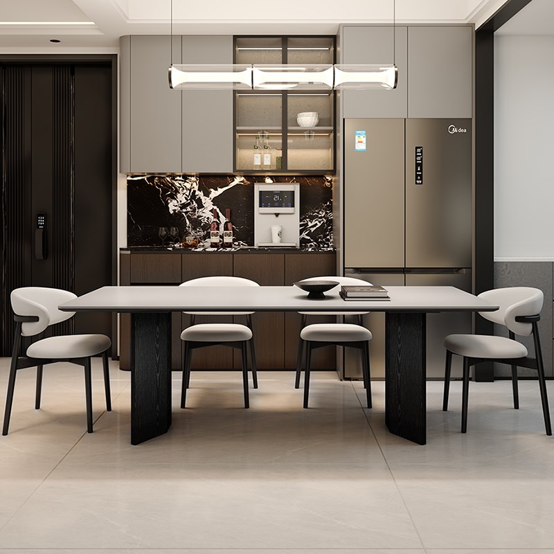 实木岩板餐桌g全托底板小户型家用长方形现代简约白色桌子椅子组 - 图2