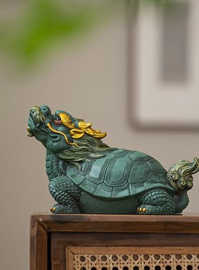 国潮精品青砂石福寿龟动物招财摆件创意办公室客厅玄关桌面装饰品