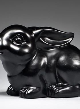 黑色兔子摆件实木雕刻十二生肖木质黑兔客厅电视柜补角装饰工艺品