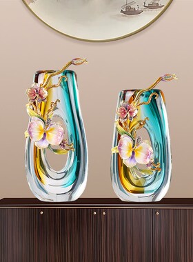 轻奢高级感花瓶简约现代高款假花插花器餐桌电视柜珐琅彩装饰摆件