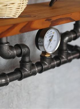 复古水管置物架实木置物架工业风书架墙上花盆架铁艺墙上实木层架