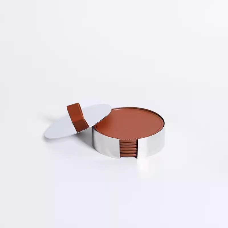 轻奢意式设计隔热垫圆形不锈钢皮革垫杯桌面样板间玄关装饰摆件,淘宝优惠券,粉丝福利购,淘宝优惠卷