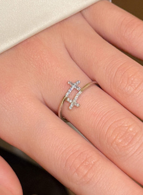 S925纯银ins风双层十字架满钻戒指女韩版小众设计开口指环