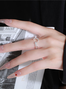 S999纯银星月同辉食指戒锆石开口足银戒指轻奢精致蝴蝶可调节指环