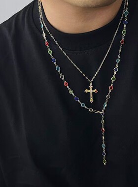 彩钻十字架叠戴流苏项链男女同款个性甜酷项饰小众高级感百搭项饰