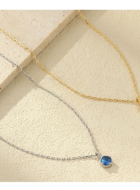 S925纯银复古镀14K金蓝色锆石项链女欧美ins百搭轻奢锁骨链