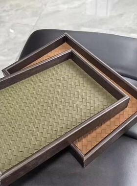 木质托盘轻奢饰品收纳戒指项链托盘皮革竹绿色复古桌面展示货盘