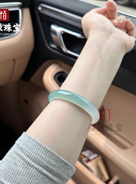 冰种油青绿远山黛玉髓圆条手镯半山半水玛瑙女款圆条玉石镯子首饰