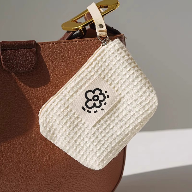 韩系可爱简约钱包小清新花朵华夫格口红发夹零钱钥匙便携收纳小包 - 图1