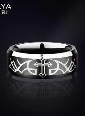 十字架戒指男钨金霸气个性单身戒简约食指尾戒男士素圈指环潮黑色