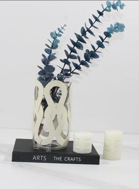 现代轻奢皮质编织纹直筒玻璃花瓶客厅餐厅桌面装饰花器软装饰品