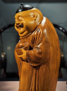 中式地主老爷摆件仿竹s根木雕人物雕塑客厅玄关茶室桌面摆件品