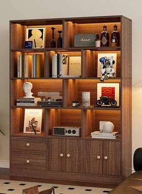 书架落地置物架一体靠墙收纳展示储物柜子仿实木色家用书柜带柜门