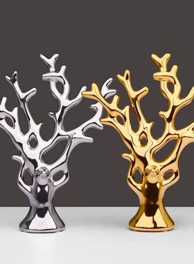 酒柜软装饰摆设金k银发财树现代家居装饰品创意陶瓷摆饰客厅电视