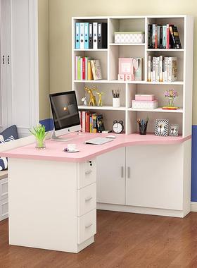 2I实木转角书桌书架组合小户型家用电脑台式桌学生书柜一体学习桌