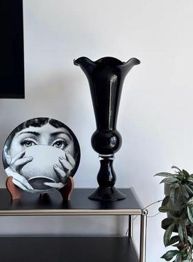 法式中古风复古黑色玻璃花瓶家居样板间软装饰品欧式插花摆件花器