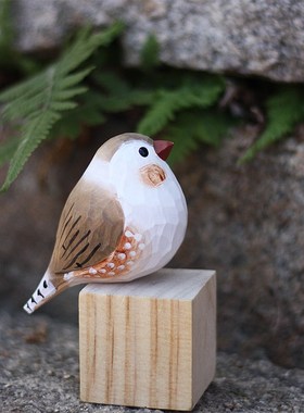 鹿妖商店肥啾木雕小鸟珍珠鸟斑胸草雀纯手工实木桌面摆件