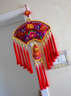 民族风刺绣扇形福禄挂件店铺餐馆家居装饰壁挂背景墙玄关福字壁饰