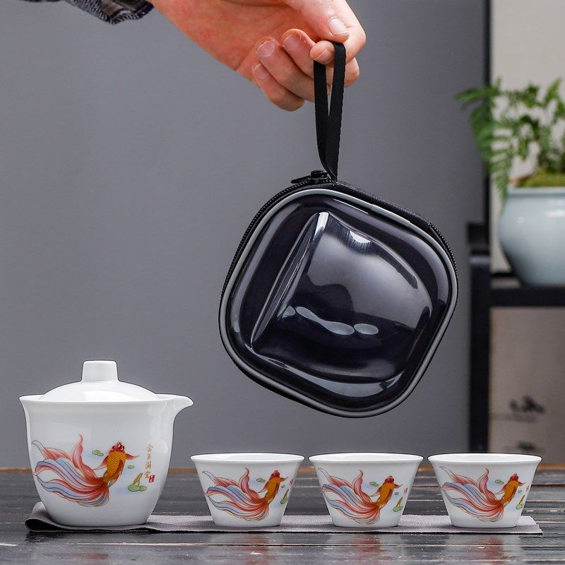 便捷式陶瓷快客杯户外旅行茶具小套装一壶三杯车载随身泡茶收纳包,淘宝优惠券,粉丝福利购,淘宝优惠卷
