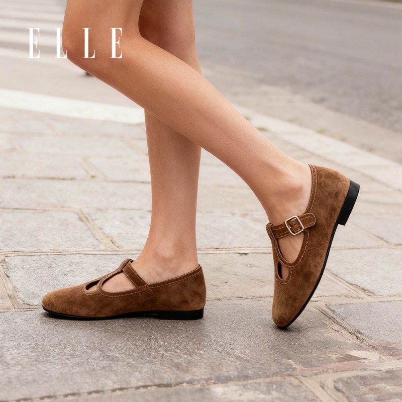 ELLE复古反绒皮玛丽珍鞋女平底浅口一字扣单鞋棕色2026新款春,淘宝优惠券,粉丝福利购,淘宝优惠卷