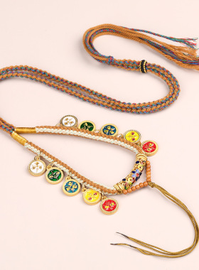 新款藏式手搓棉男女项链绳天珠手绘唐卡五路财神编织绳复古毛衣链