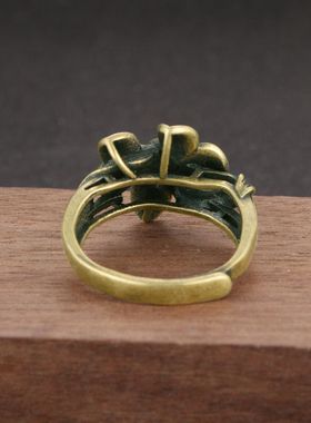 黄铜大戒指新款仿古做旧花朵纯铜黄铜指环女款戒指可调节铜饰品货