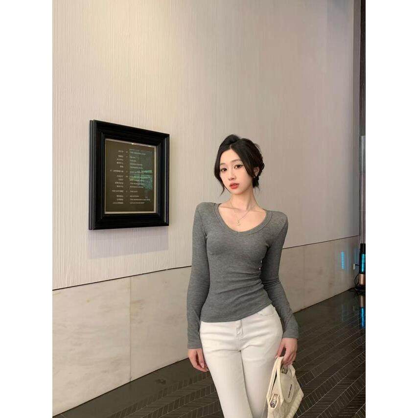 【现货】加绒加厚摇粒绒正肩掐腰显瘦V领冬季内搭修身长袖【运补6,淘宝优惠券,粉丝福利购,淘宝优惠卷