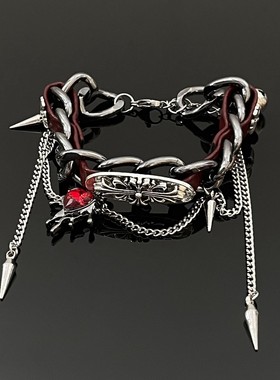 合金皮质手链 S0469-1时尚长链个性设计感暗黑高级感美式重工熔岩