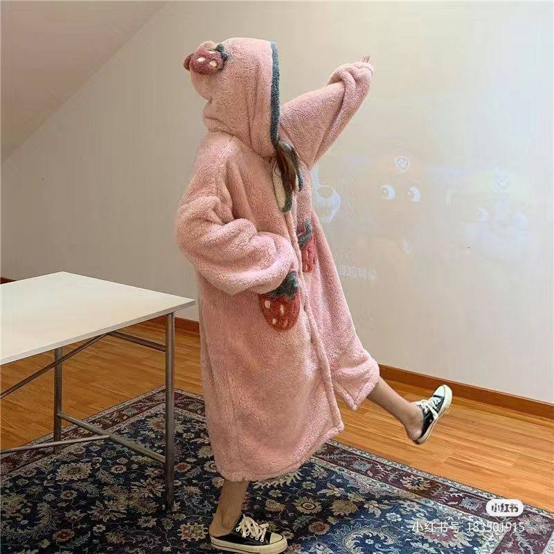 新款水果草莓睡衣女秋冬天睡袍加绒加厚珊瑚绒可外穿家居服女睡裙,淘宝优惠券,粉丝福利购,淘宝优惠卷