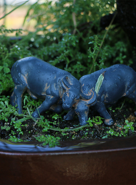 牛年冲天小水牛摆件微景观动物装饰品花盆庭院假山流水盆景配件