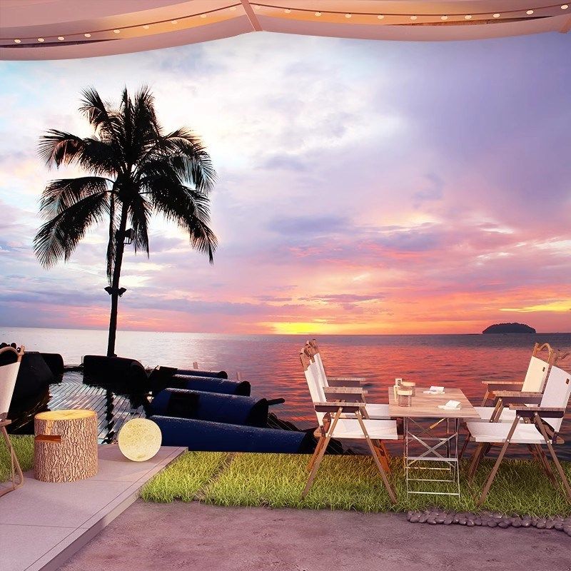 夏威夷海滩海边风景壁纸东南亚椰子树壁画海景装饰露营风背景墙纸,淘宝优惠券,粉丝福利购,淘宝优惠卷