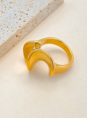 eManco法式复古几何扭曲面指环设计感波浪不规则钛钢异形镀金戒指