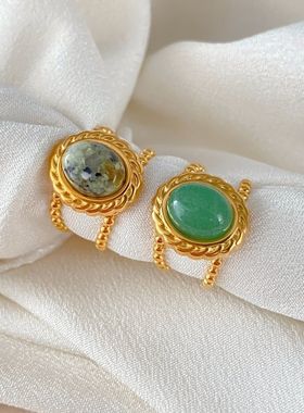 eManco钛钢不掉色开口可调节戒指国风复古指环手指装饰金色绿石女