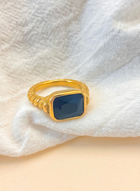 eManco法式黑金戒指复古矩形玻璃戒指女士羊角包扭曲螺旋戒指手饰