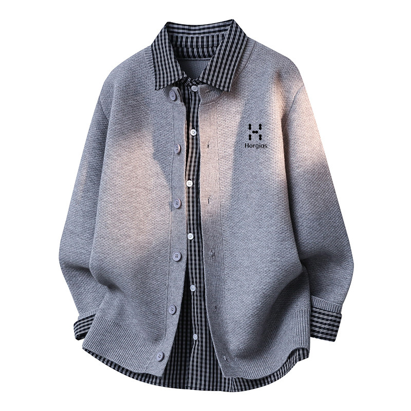 火柴棍山系复古假两件格子拼接衬衫领针织开衫男士宽松毛衣外套潮,淘宝优惠券,粉丝福利购,淘宝优惠卷