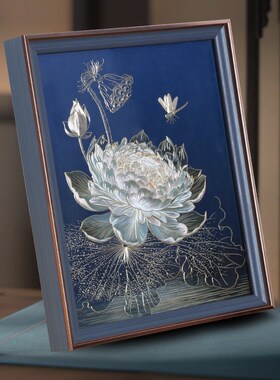 光影睡莲新款手工铜板铜雕画桌面相框摆台礼物轻S奢现代风摆件高