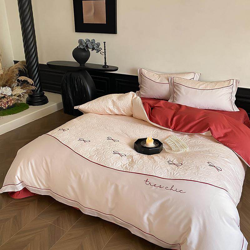 100支全棉四件套简约绗缝花纹蝴蝶结刺绣宽边被套床单双人床品,淘宝优惠券,粉丝福利购,淘宝优惠卷