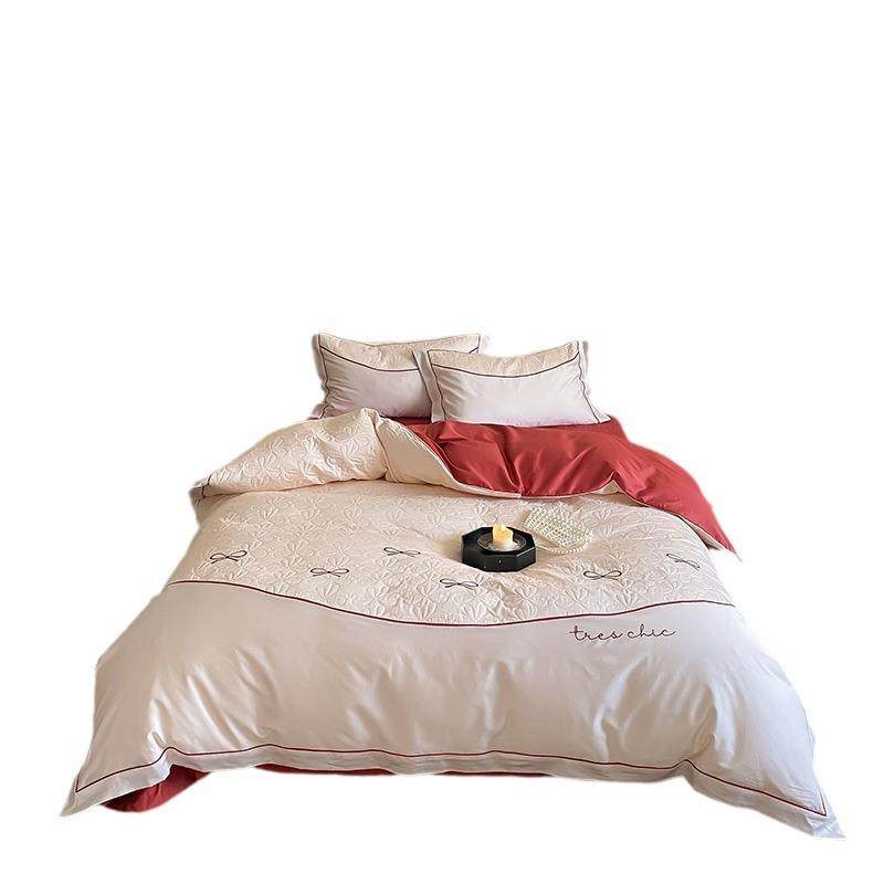 100支全棉四件套简约绗缝花纹蝴蝶结刺绣宽边被套床单双人床品,淘宝优惠券,粉丝福利购,淘宝优惠卷