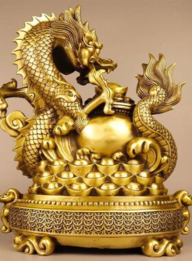 铜龙摆件纯铜生肖龙青龙元宝盘龙家用办公室桌面装饰黄铜聚宝盆龙