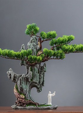 水族鱼缸造景创意仿真迎客松树脂假山酒店盘锦室内客厅摆件装饰品
