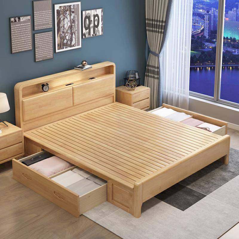 北欧实木床usb夜灯双人床家用1.8米主卧床公寓民宿床高箱储物婚床,淘宝优惠券,粉丝福利购,淘宝优惠卷