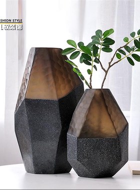 精品咖色刻磨几何玻璃花瓶不规则切面蓝色装饰插花器现代创意摆件