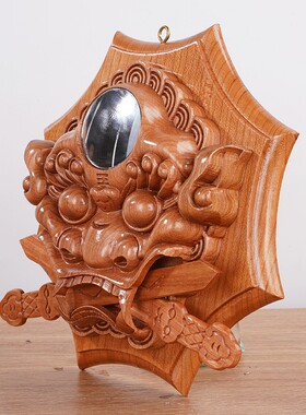 桃木工艺品桃木彩绘浮雕八角狮头挂件