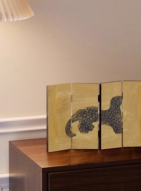 金钱豹新中式屏风桌面摆件画复古客厅餐边柜摆台画可Y折叠送礼装