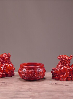 红色木质聚宝盆公母貔貅摆件配套组合实木雕刻家用布局客厅装饰品