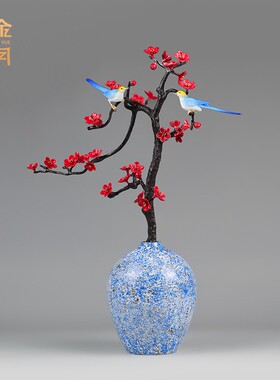 铜艺坊踏雪寻梅喜鹊梅花黄铜摆件花瓶插花客厅电视柜玄关家居摆件