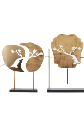 新中式金属迎客松扇子摆件样板房软装摆设博古架客厅玄关装饰品