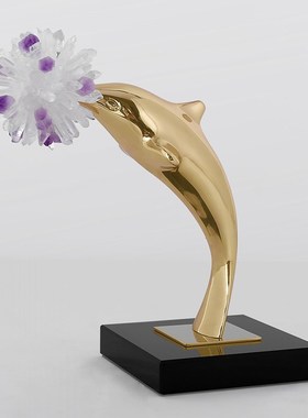 现代轻奢晶石花海豚铜摆件v客厅电视柜玄关桌面装饰品乔迁新婚送
